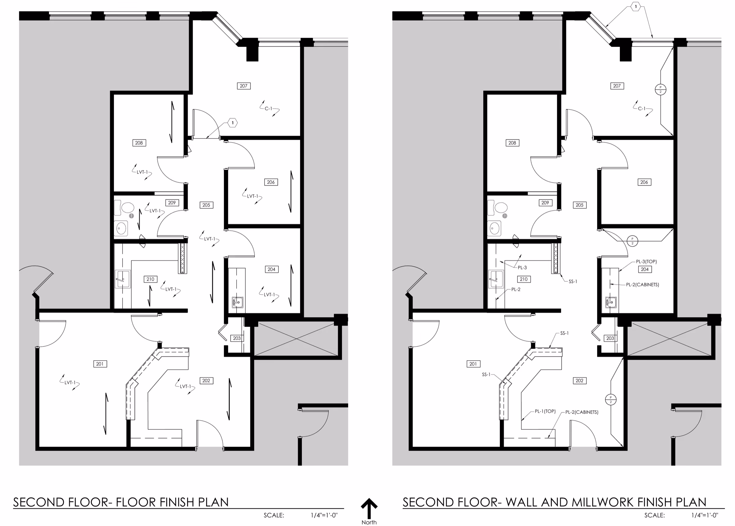Second-floor finish plans for Suite 203 by The Interior Design Group Ltd. — two drawings side by side, a floor finish plan at the left and a wall and millwork finish plan at the right, each showing the ten numbered rooms with their material codes called out on leader lines