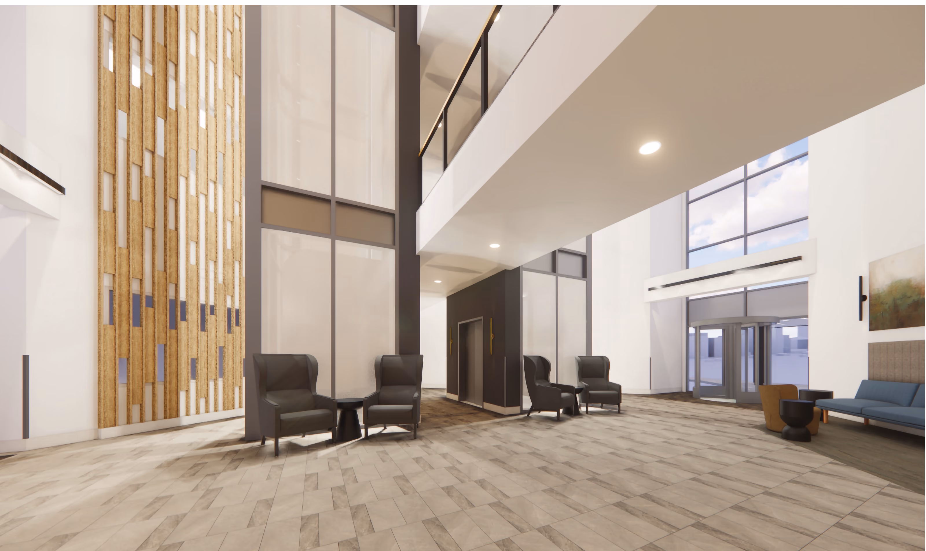 Rendering of the rebuilt four-story atrium at Willowlake: a full-height wood-slat feature wall at the left, lounge chairs on pale stone-look tile, the elevator core at the centre, and a revolving entry door at the right