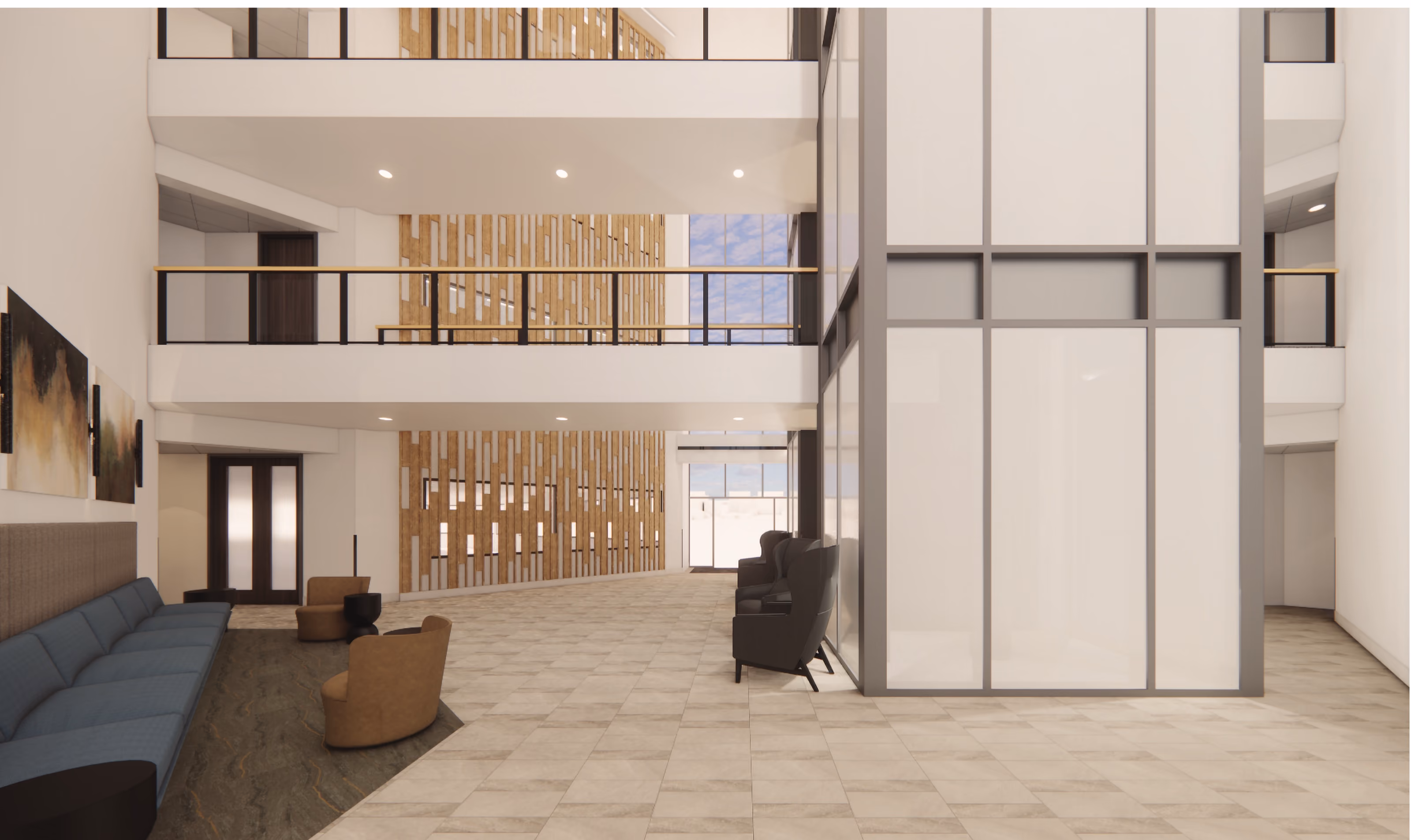 Rendering of the same atrium from the opposite end, showing two levels of upper gallery with dark railings and a brass rail, a sofa and lounge chairs below, and the wood-slat wall carrying down the corridor beyond