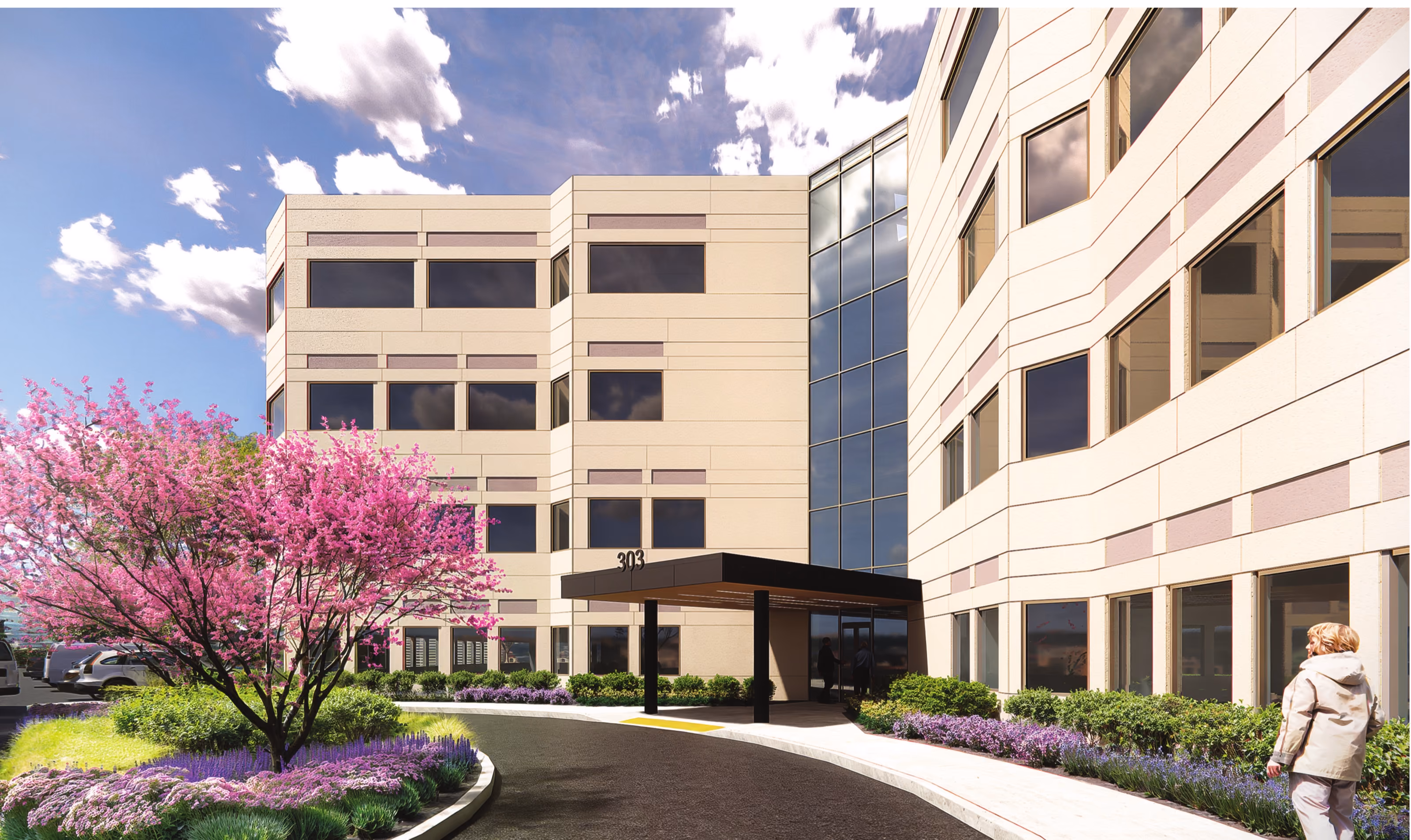 The entry court at 303 East Army Trail Road — As designed